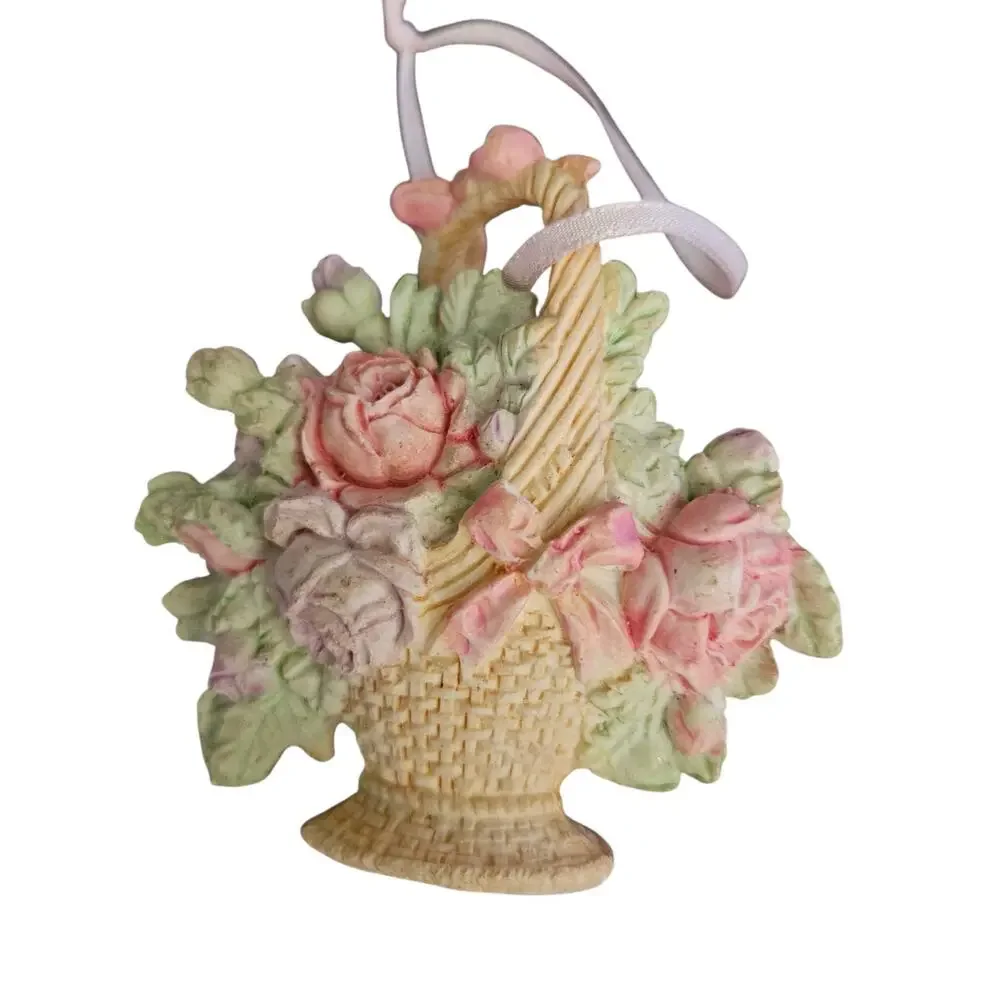 Set of 4 Floral Basket Christmas Ornaments Roses Pastel Victorian Style